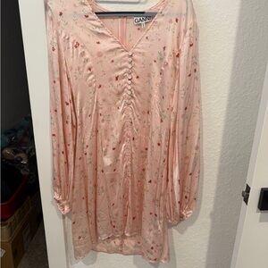 Ganni Blush Floral V-Neck Silk Dress